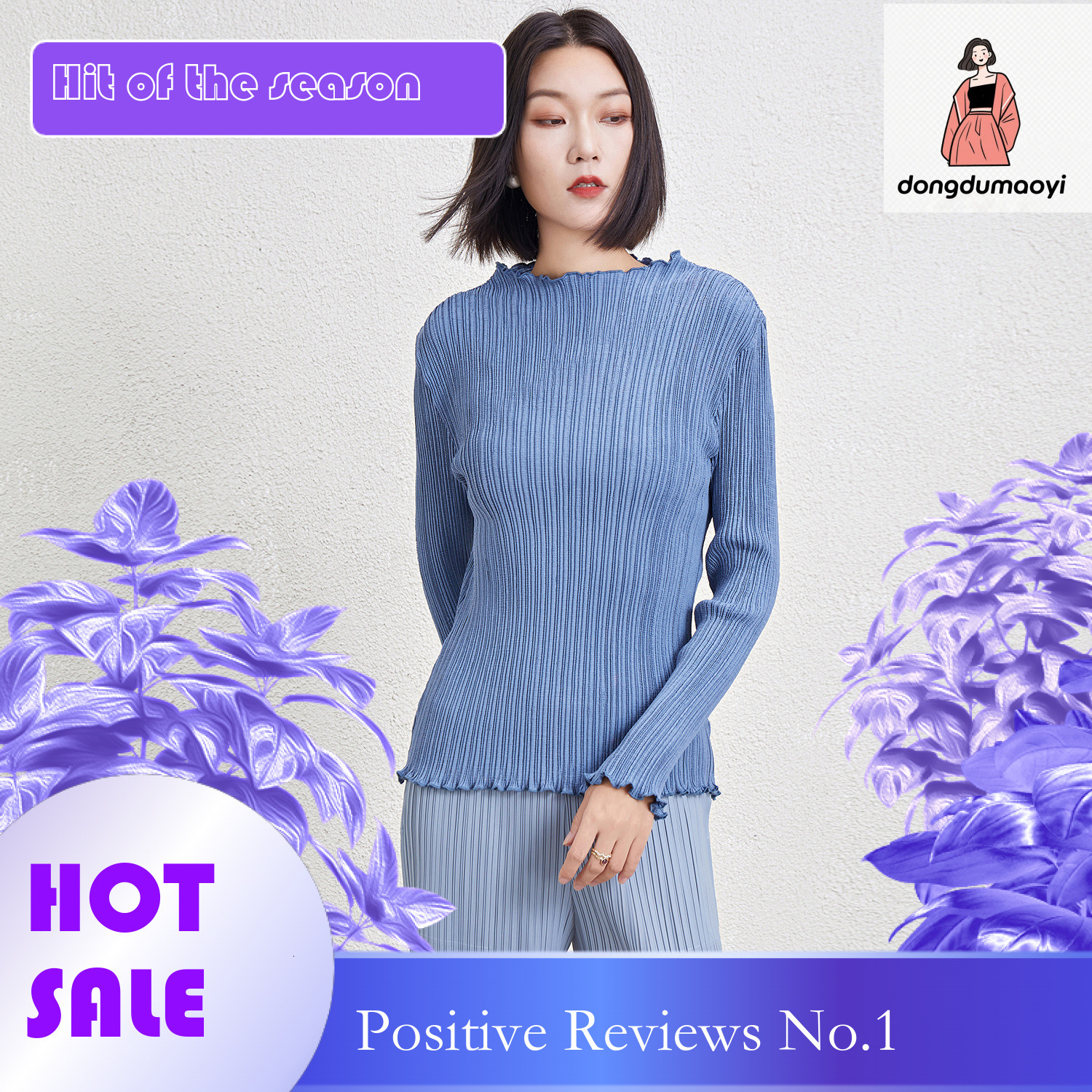 dongdumaoyi Miyake semi high neck long sleeved T-shirt for women in winter 2024, new women's pleated lace collar base shirt, top trend