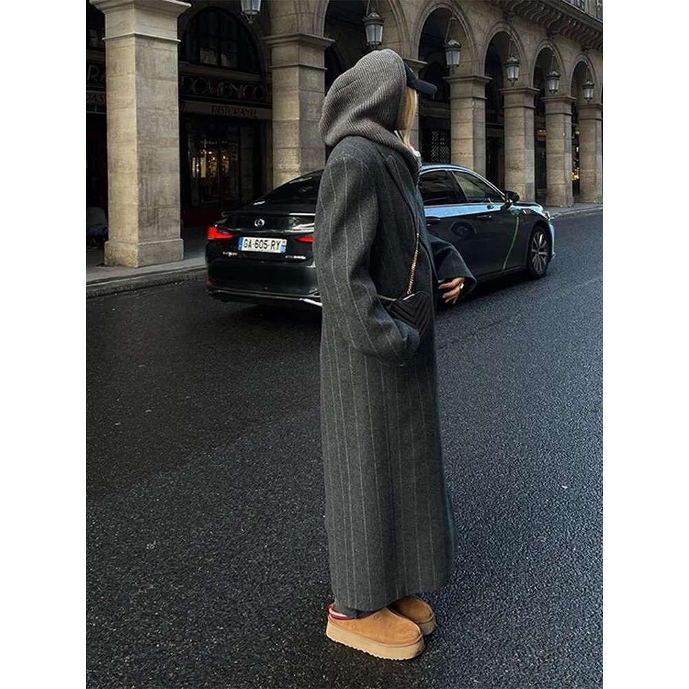 Vintage Women Stripe Woolen Overcoats Fashion Lapel Sleeves Oversized Long Coats 2025 Autumn Winter Lady Commute Jacket