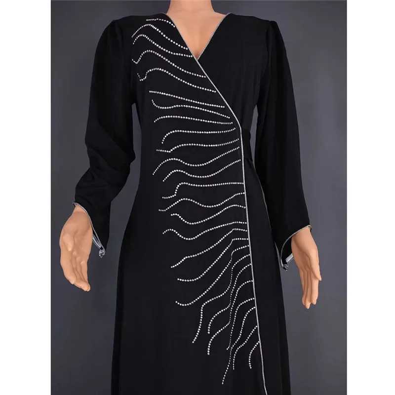 Hand-made Beading Diamonds Middle East Evening Dress V Neck Elegant Women Muslim Abayas Dubai Party Maxi Dreses Gowns Vestidos X250514