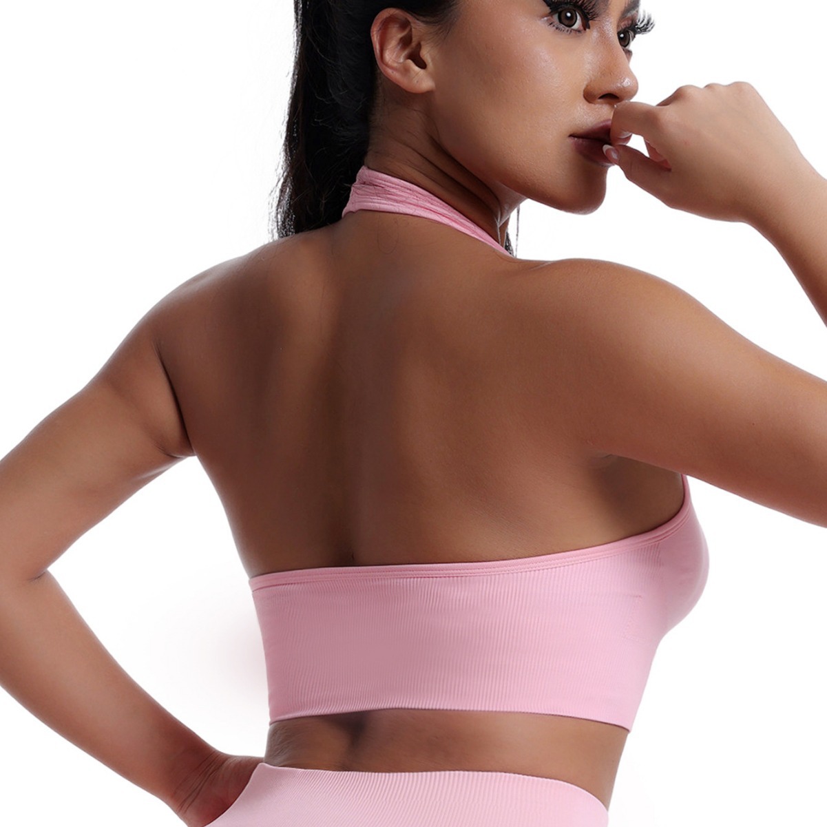 Seamless new neck sports bra gathers solid color yoga bra