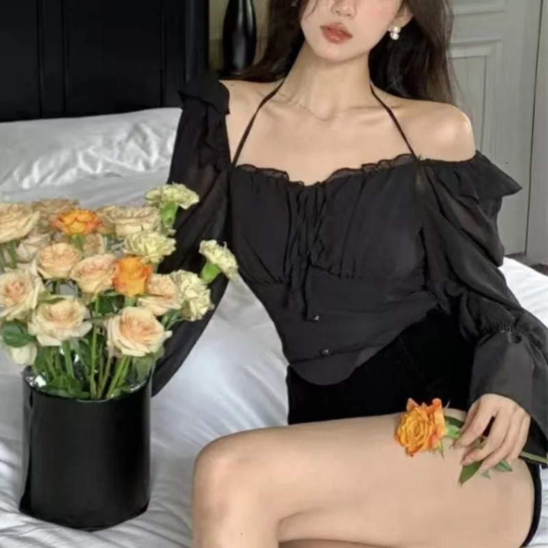 Vintage Slash Neck Flare Sleeve Womens Crop Top sweet Gothic Y2K Ladys Shirts Blouses Lace Up Sexy Black Chiffon 250514