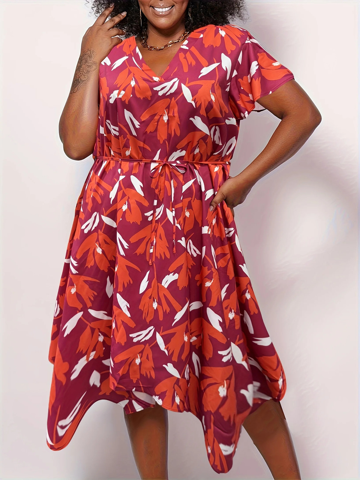 Large size dress with springsummer holiday beach style print Vneck irregular hem n loose lotus sleeves at the waist 250506