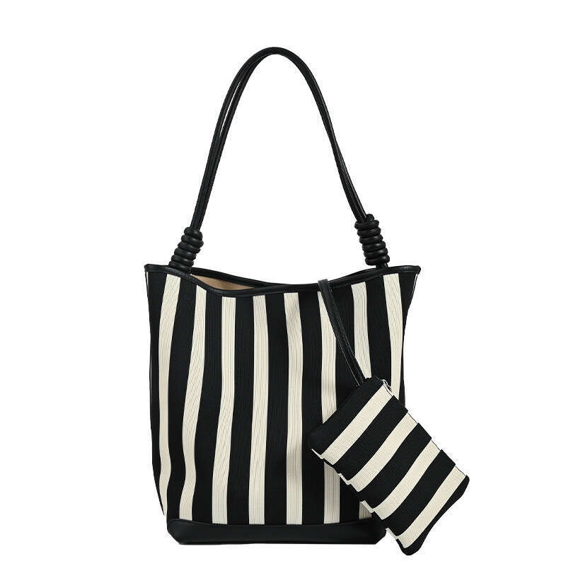 Women's Bags Designer Black And White Striped High-End Water Bucket Large Capacity Elastic Woven Fabric Mother Bag, New Commuting Hand-Held Shoul
