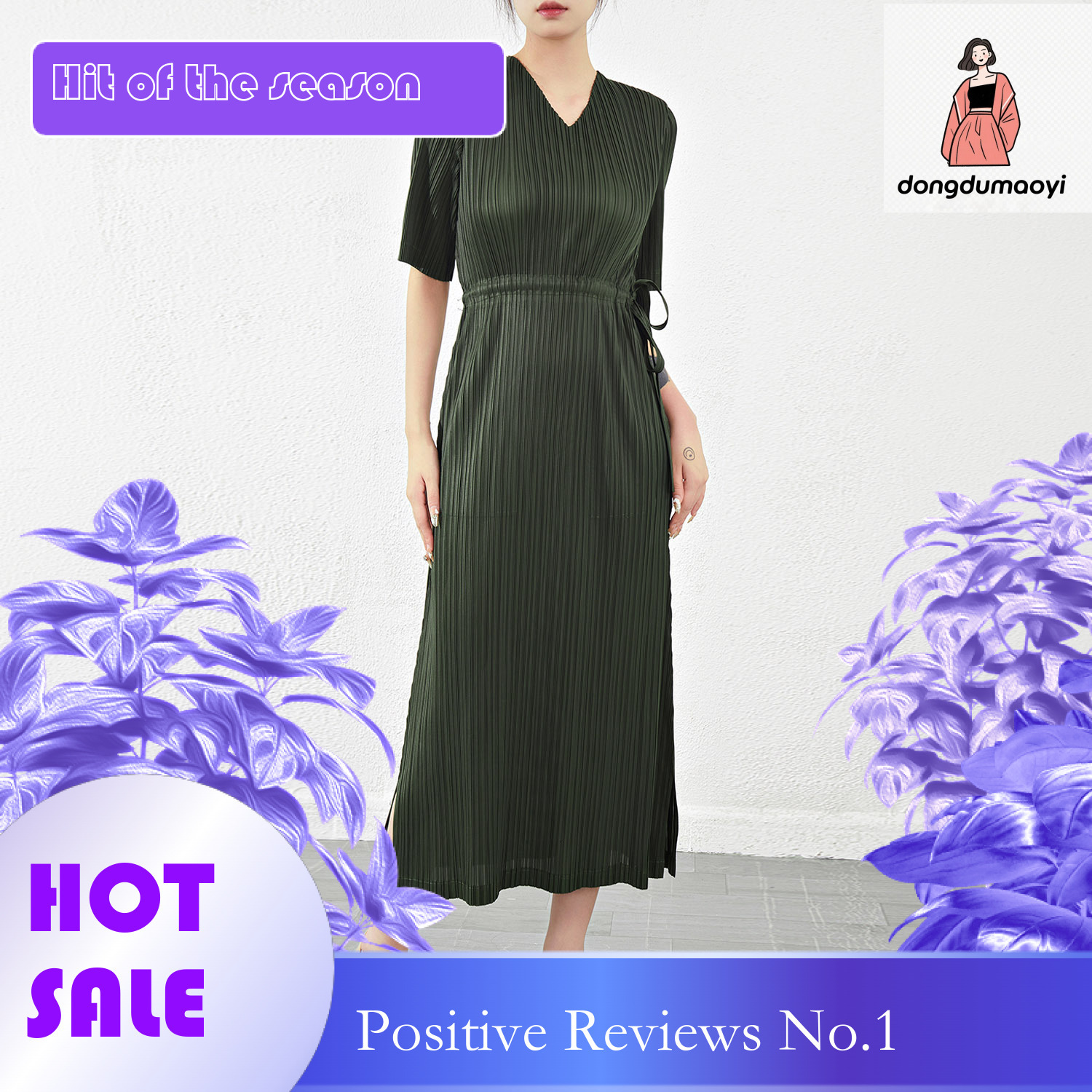 dongdumaoyi Miyake pleated loose slimming temperament short sleeved V neck high end dress long skirt