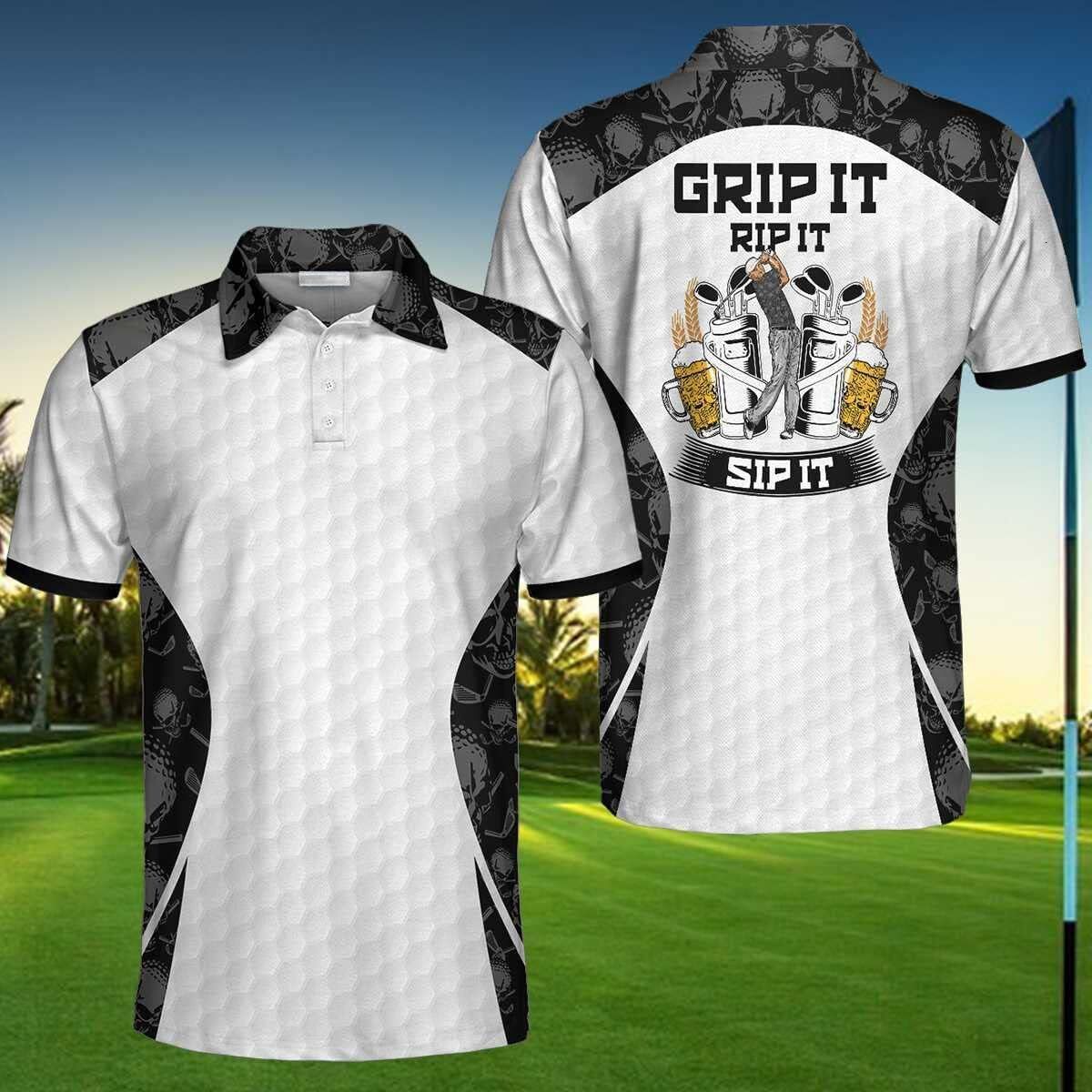 Mens Polo shirt Grip I Rip I Sip I Golf Whie Polo Shir, Skull Paern Shir for Chrismas, Scary Gif Idea for Golfers, Mens Polo Shirs for Gifs, Shor Slee