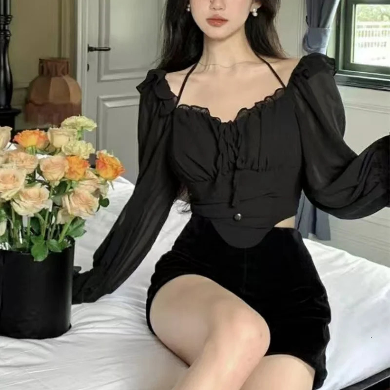 Vintage Slash Neck Flare Sleeve Womens Crop Top sweet Gothic Y2K Ladys Shirts Blouses Lace Up Sexy Black Chiffon 250514
