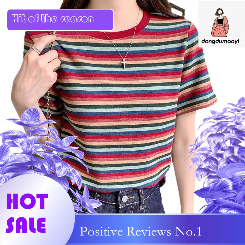 dongdumaoyi Colorful round neck striped short sleeved T-shirt for women's summer new stylish color blocked T-shirt, slim fit and slimming top