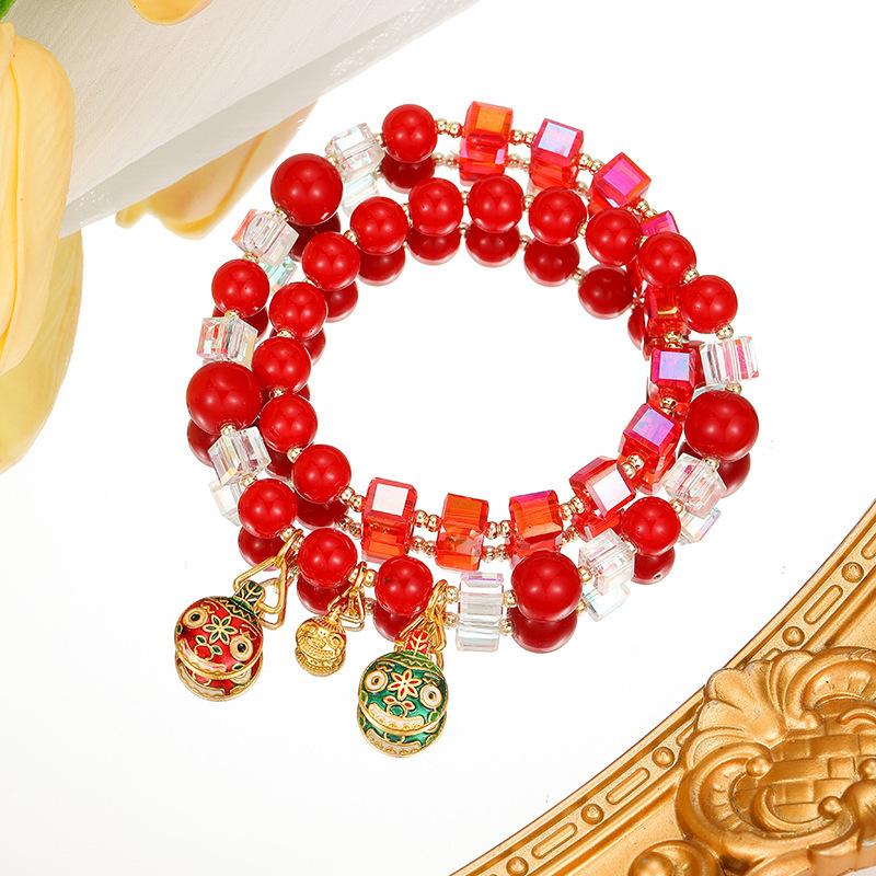 Ethnic ancient style crystal couple agate bead swallowing gold beast double circle big red bracelet