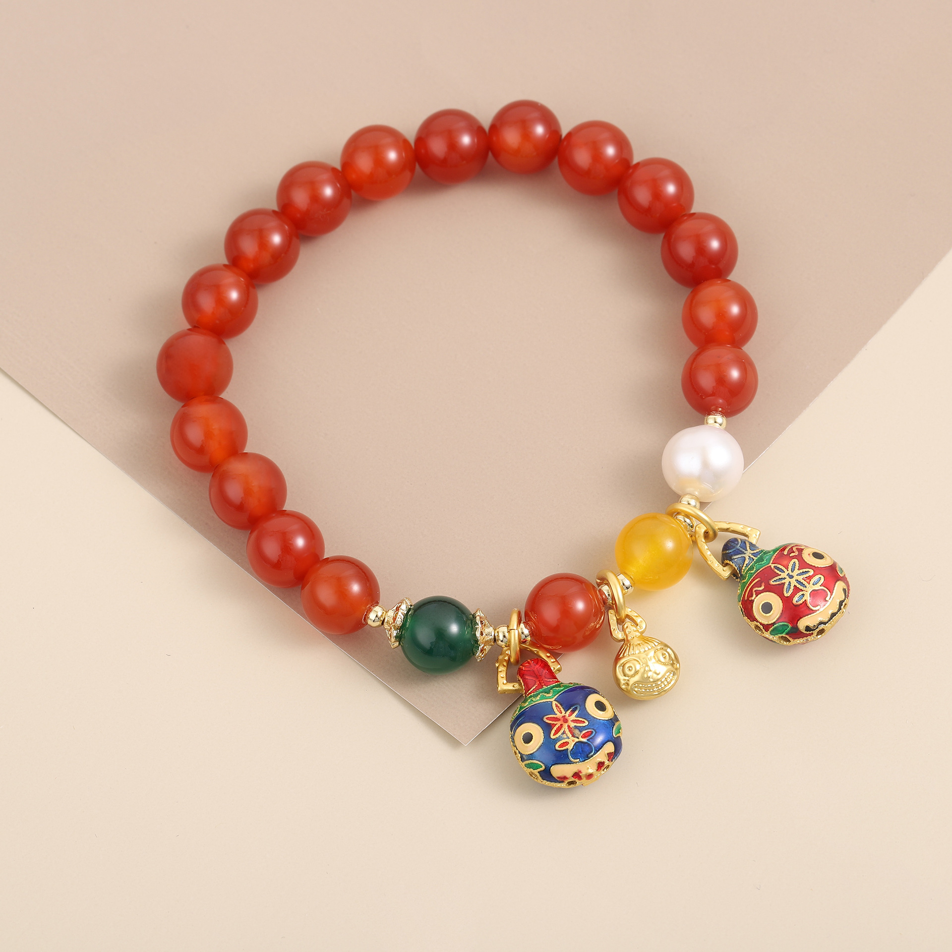 Ethnic ancient style crystal couple agate bead swallowing gold beast double circle big red bracelet