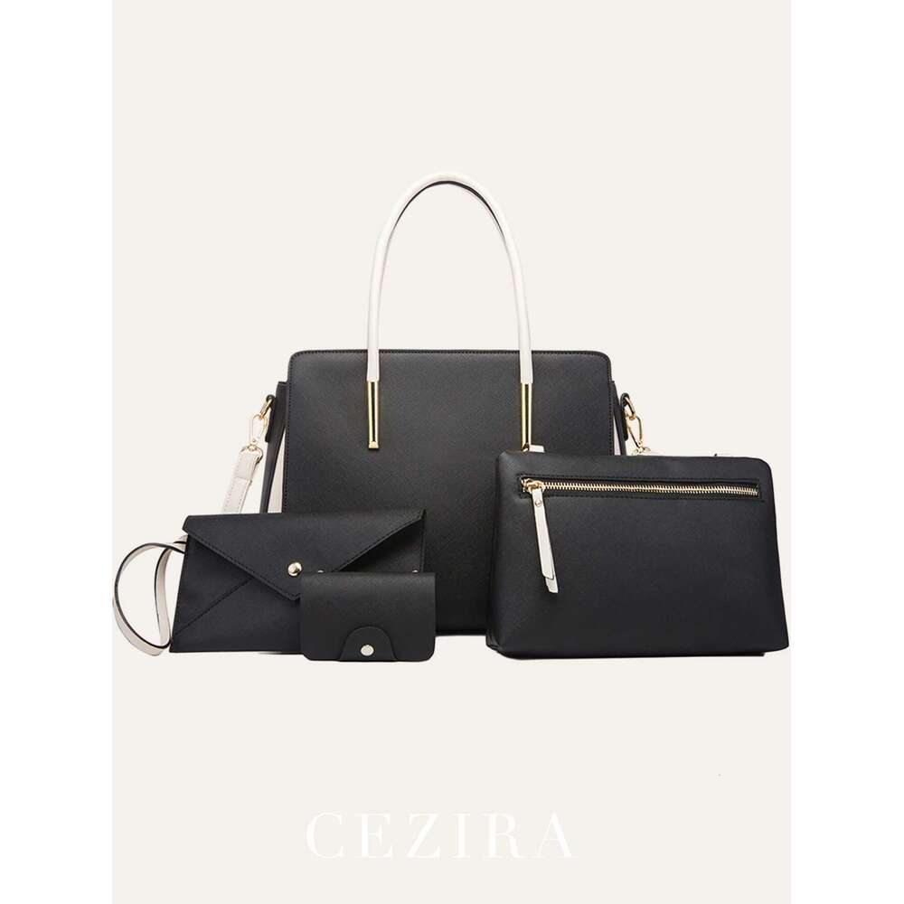 4 PCS Bag Sets Chic Black&White PU Vegan Leather Patchwork Women Tote Cross Body Square Handbag Flap Envelope Purse Card Holders