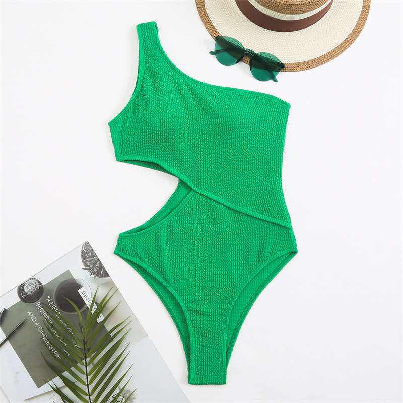 New sexy single shoulder solid color one-piece swimsuit from Europe America, hot selling and explosive for women. Source: 2025 new casual fashion tren