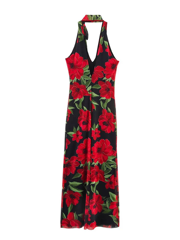 TFMLN Womens Floral Print Long Dress Sexy Vneck Sleeveless Slim Mesh Scarf Decoration Dresses Female Summer Elegant 250514