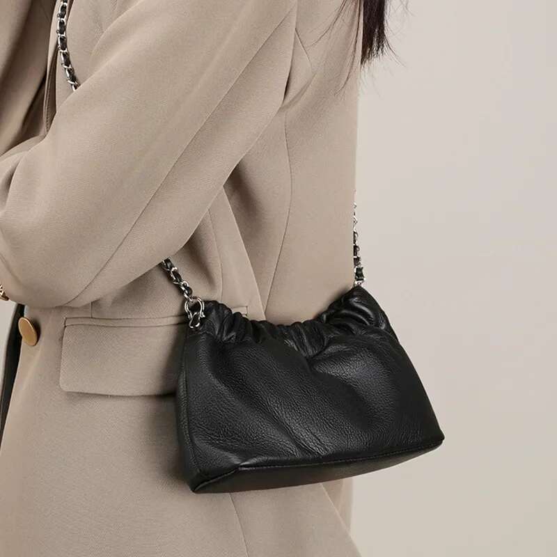 Women's Genuine Leather Shoulder Bags Popular Chain Armpit Pleated Cowhide Crossbody Bag