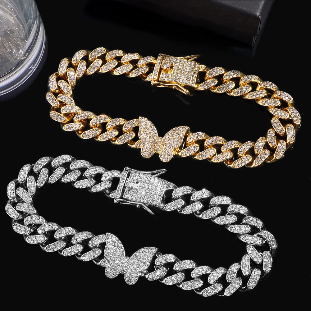 Fashion Shine Crystal Butterfly Miami Cuban Anklets for Women Iced Out Bling Cuban Link Chain Ankle Bracelet Beach Jewelry 250513