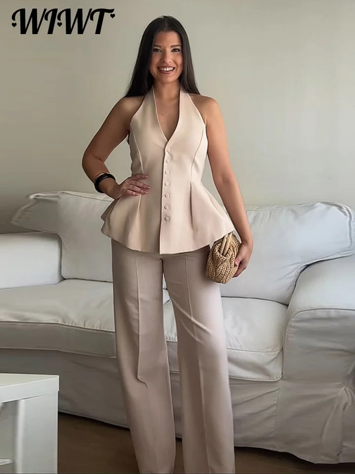 Elegant Halter Ruched Vest Trousers Suit Womens Solid V-neck Backless Single-breasted Top Wide Leg Pants 2025 Lady Outfits 250513
