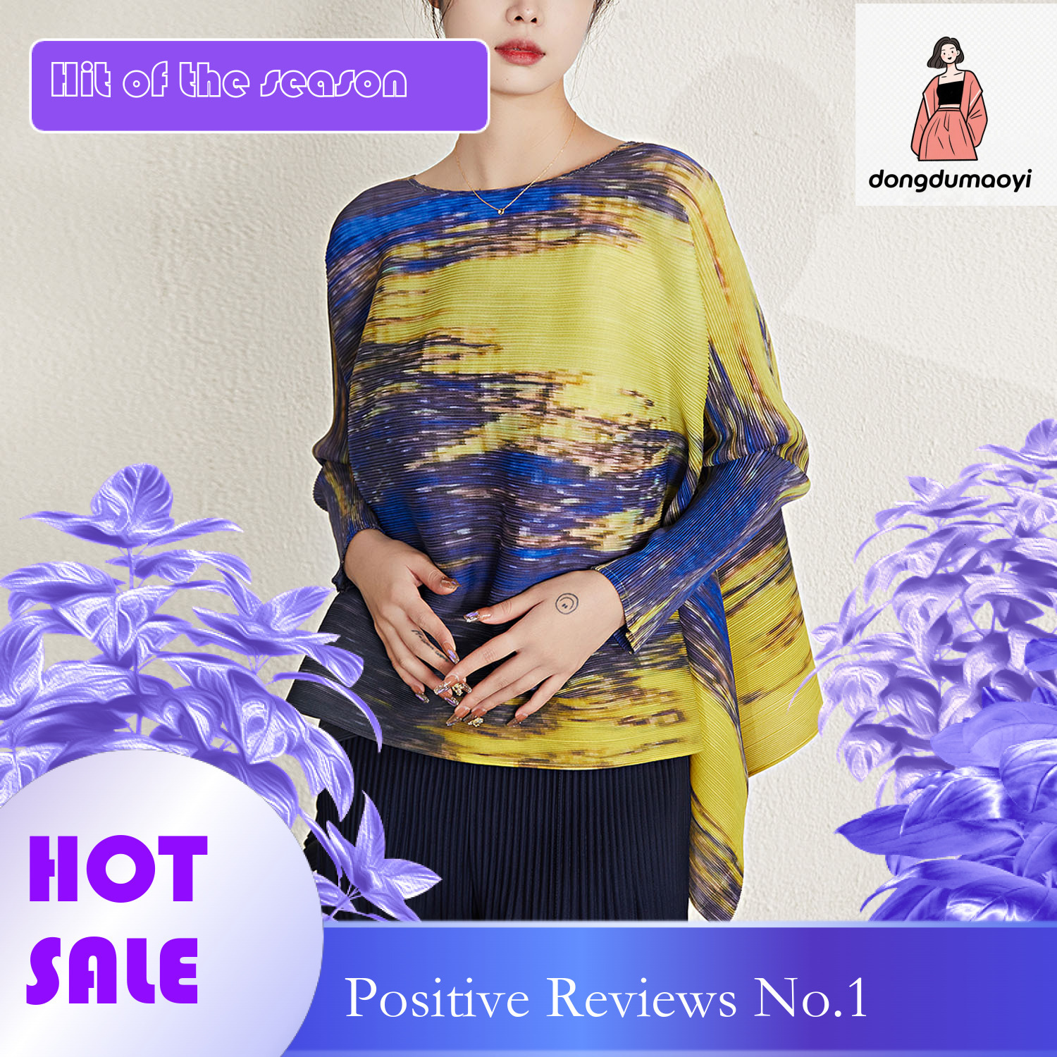 dongdumaoyi Wrinkled top spring new Miyake round neck printed T-shirt loose and slimming, covering the belly women's fashion style