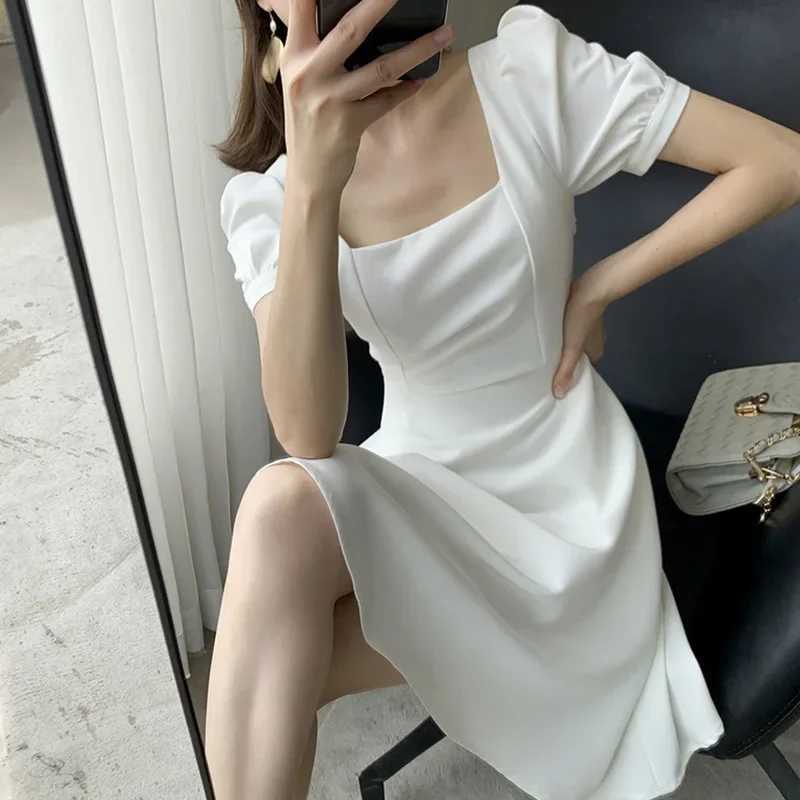 2023 New Summer Dress Womens Vintage Square Collar Tea Time Skirt Plus Size Over Knee Long Style Hepburn Trendy Black DressXJ250514
