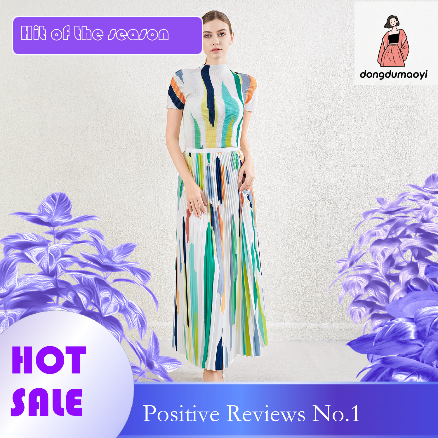 dongdumaoyi Fashion short sleeved top, long set, women's summer printed pleated T-shirt, half skirt two-piece set