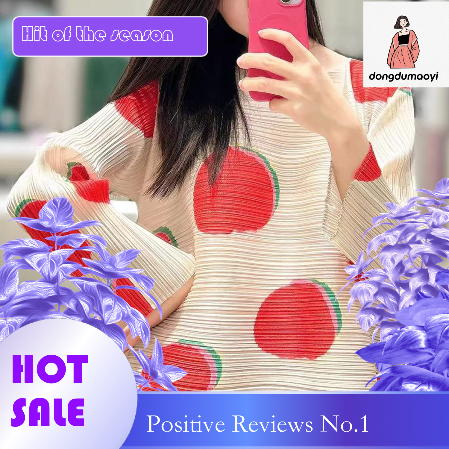 dongdumaoyi Miyake's new Fudou printed western-style slimming polka dot pleated top with spring fashion round neck and loose T-shirt sleeves for 