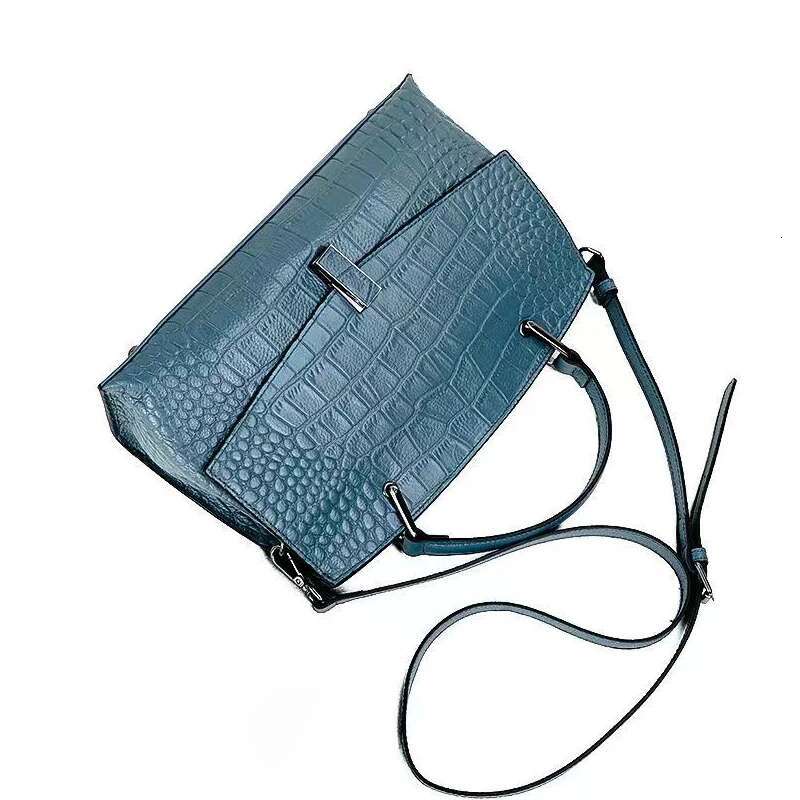 Aidrani New Women's Crocodile Print Handbag, Blue One Shoulder Crossbody Briefcase, Made Of High-Quality Cowhide