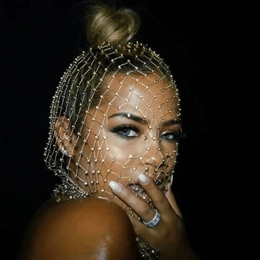 Women Balaclava Elastic Rhinestone Turban Ladies Shining Fishnet Headhood Holiday Party Head Mask Diamond Headwrap Headcover 250514