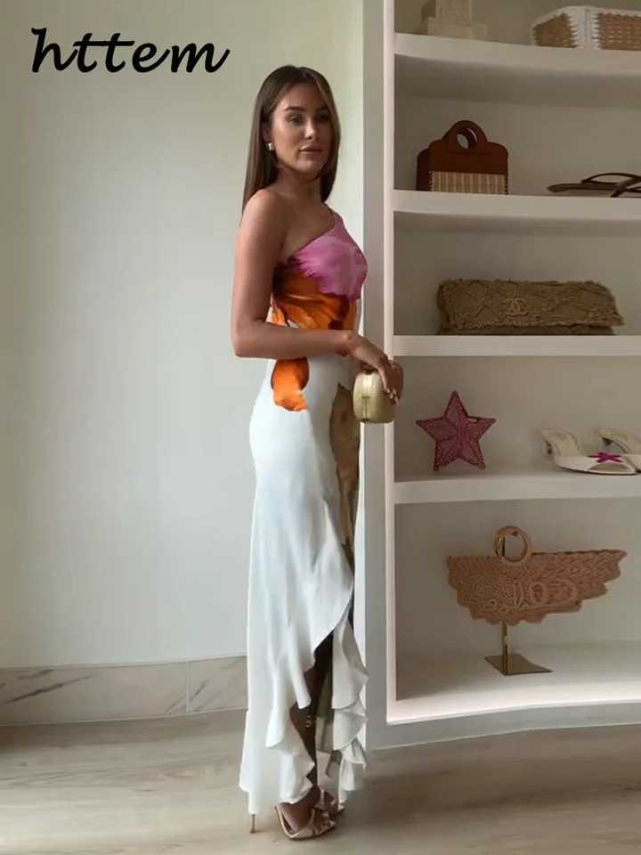 Elegant Print Single Shoulder Long Dress Women Ruffles Backless Sleeveless Split Vacation Dresses 2025 Summer Lady Beach RobesXJ250514