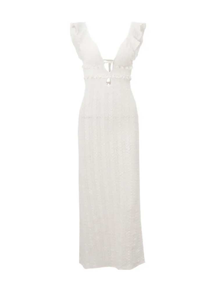 Deep V Neck Sexy Dresses Women Sleeveless See Through High Waist Long Cover Up Dress Femme Holiday Knitted Beach Dresses NewXJ250514
