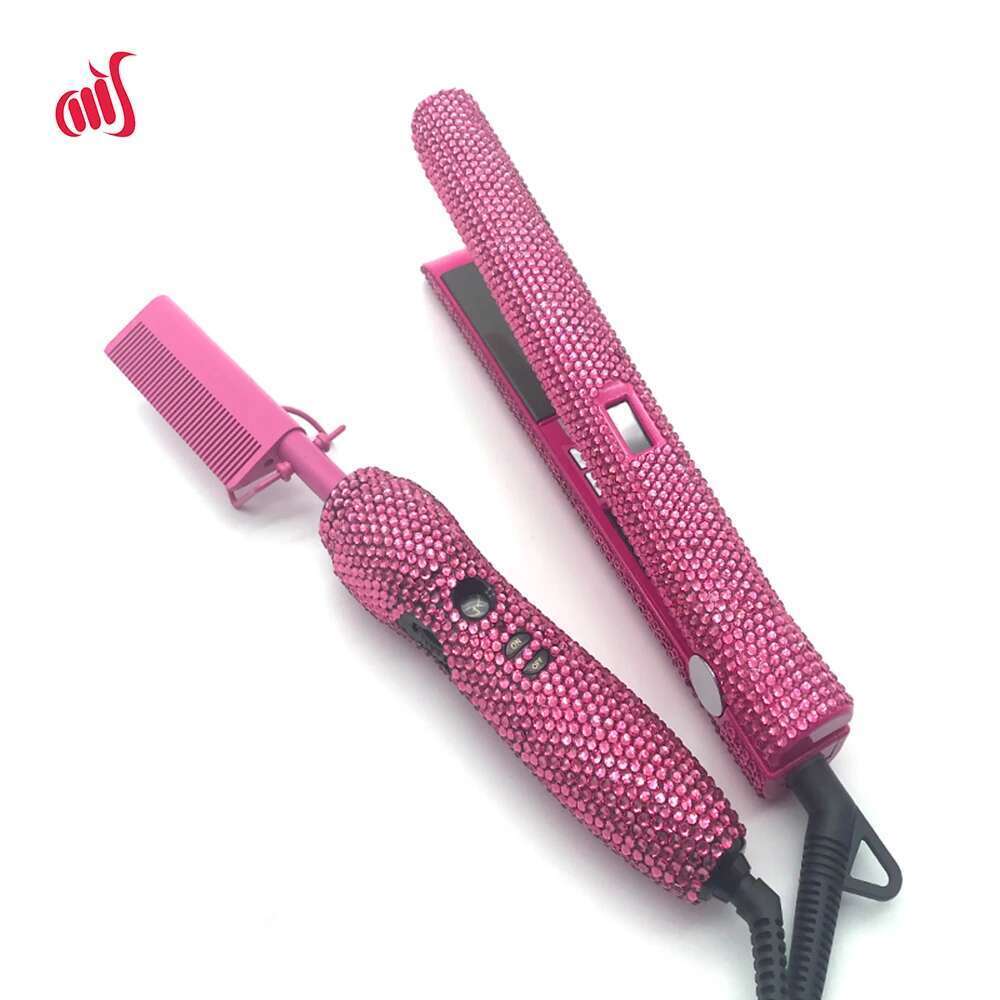 Hair Straightener and Hot Comb Set with Rhinestone High Heat Flat Iron straighter Combo peigne chauffant lisseur Lisseur Cheveux