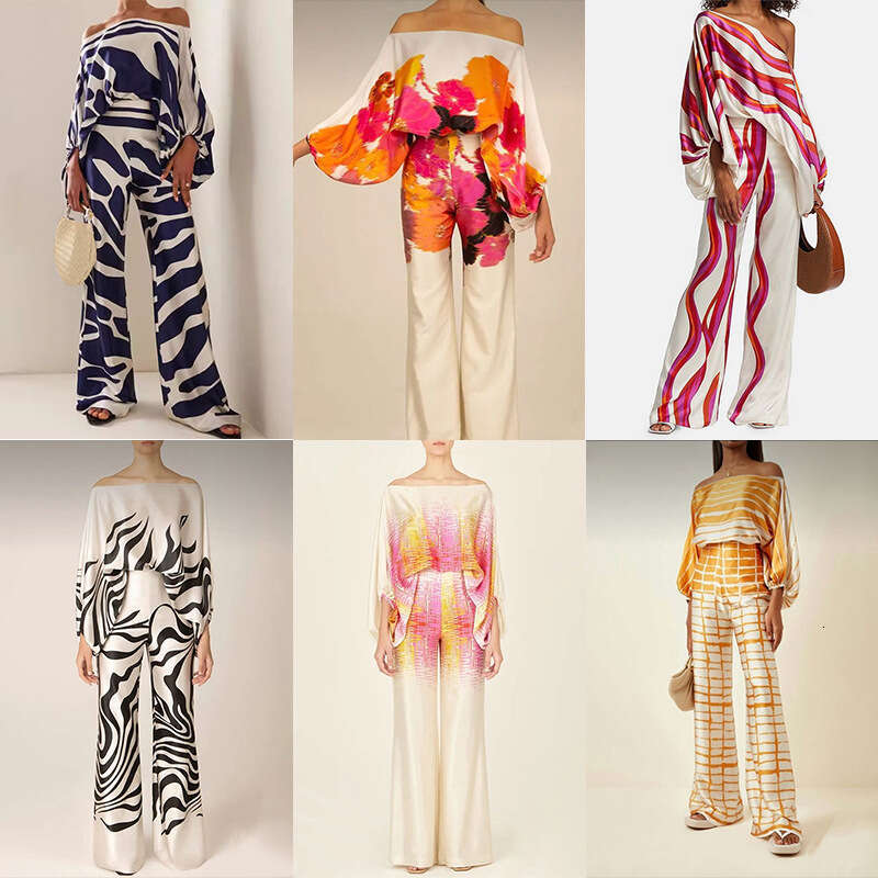 2025 New Loose Bat Sleeve Top Wide Leg Pants Fashion Set Womens Two Piece Set Gentle Wind High Elasticity Washable Printing Fashion New Pattern New Ar