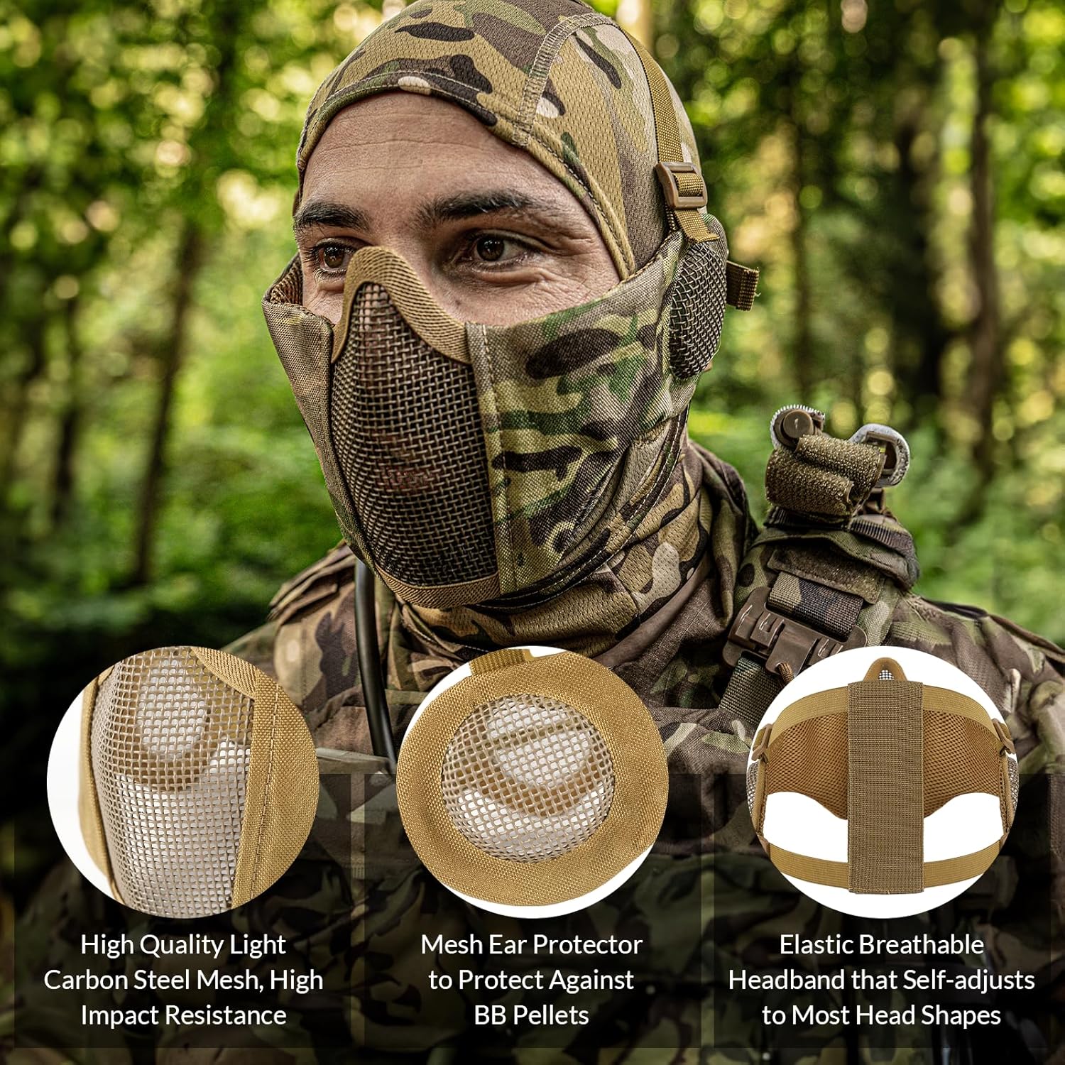 VOTAOGOO Airsoft Mesh Mask, Tactical Foldable Half Mesh Mask with Ear Protection, Adjustable Military Mesh Lower Face Protective Mask