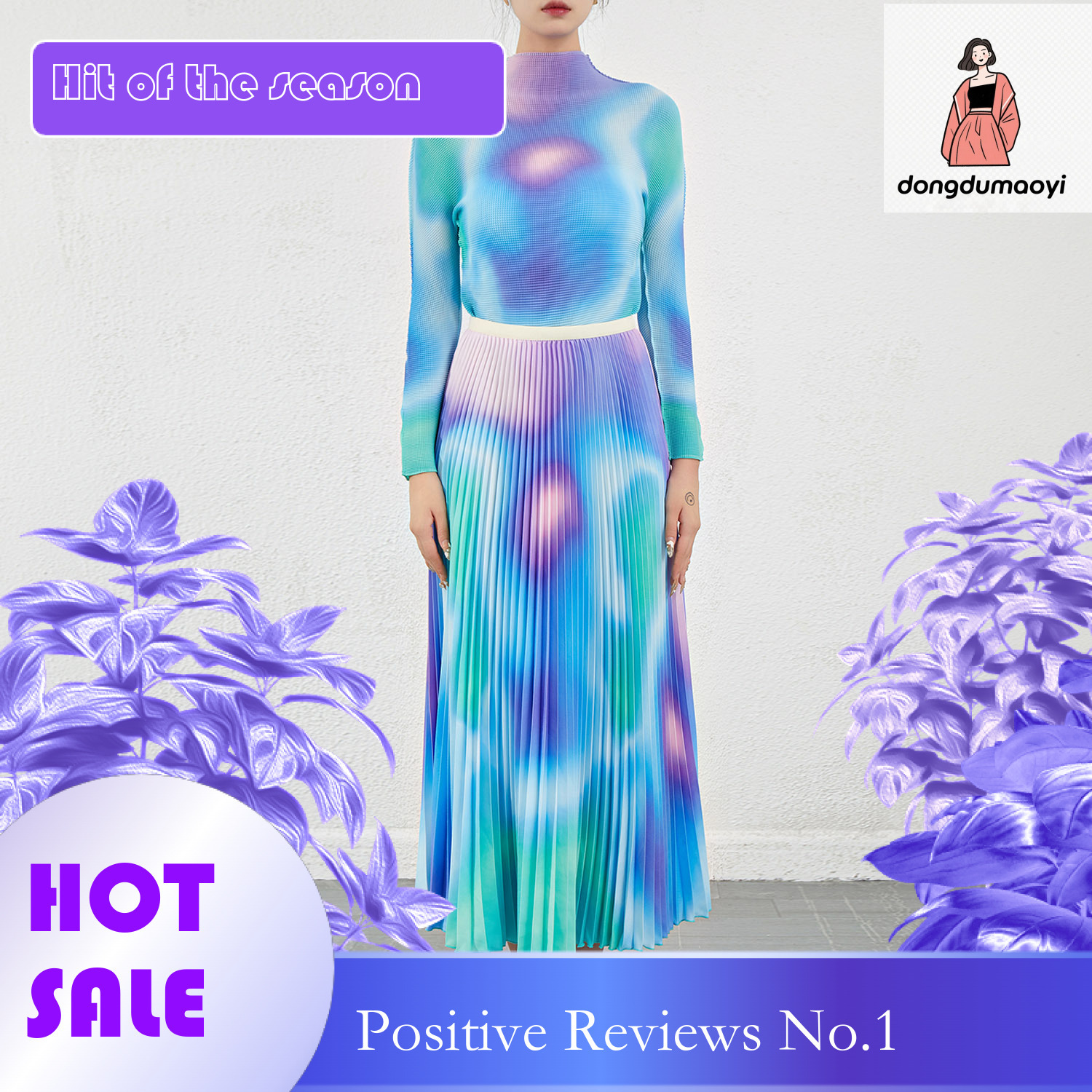 dongdumaoyi Miyake printed semi high neck T-shirt for women's autumn outfit, high-end and fashionable half skirt base two-piece set