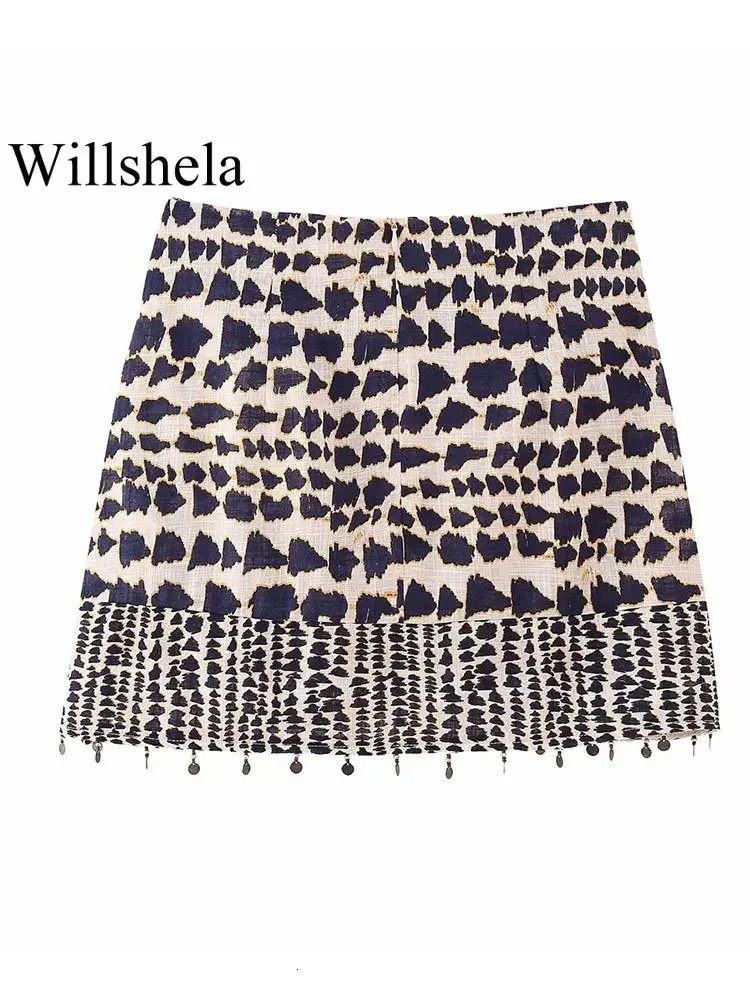 Willshela Women Fashion With Beading Printed Pleated Back Zipper Mini Skirts Vintage High Waist Female Chic Lady 250514