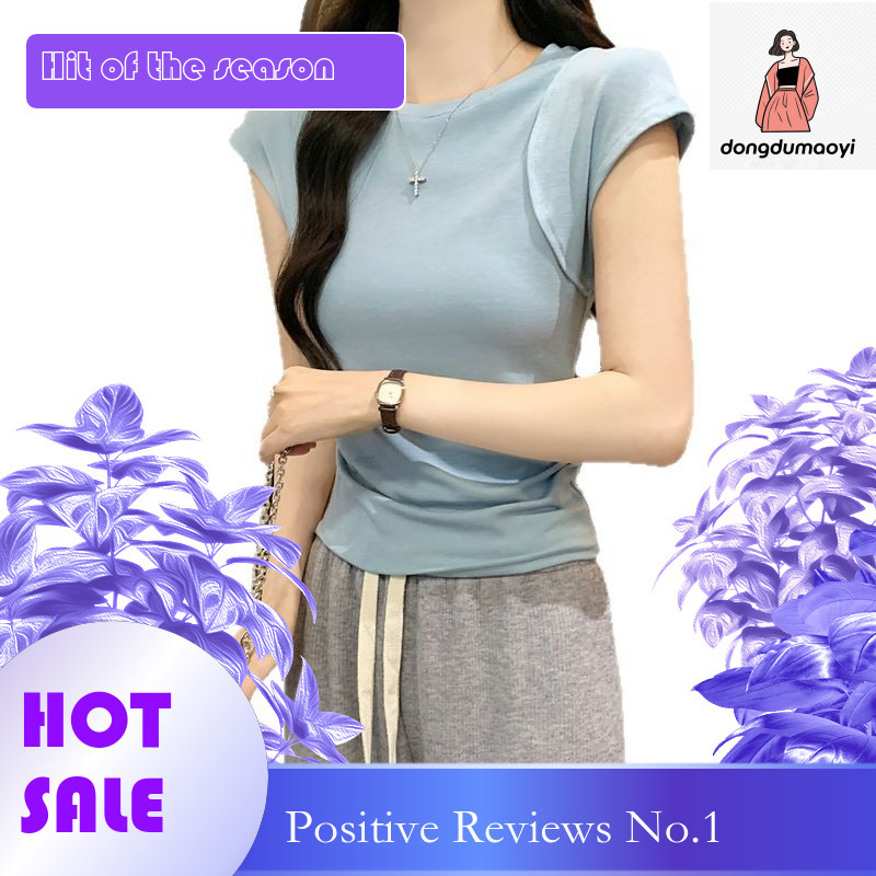 dongdumaoyi Round neck short sleeved T-shirt for women in the summer of 2025, pure design sense, niche slim fit, versatile and slimming top