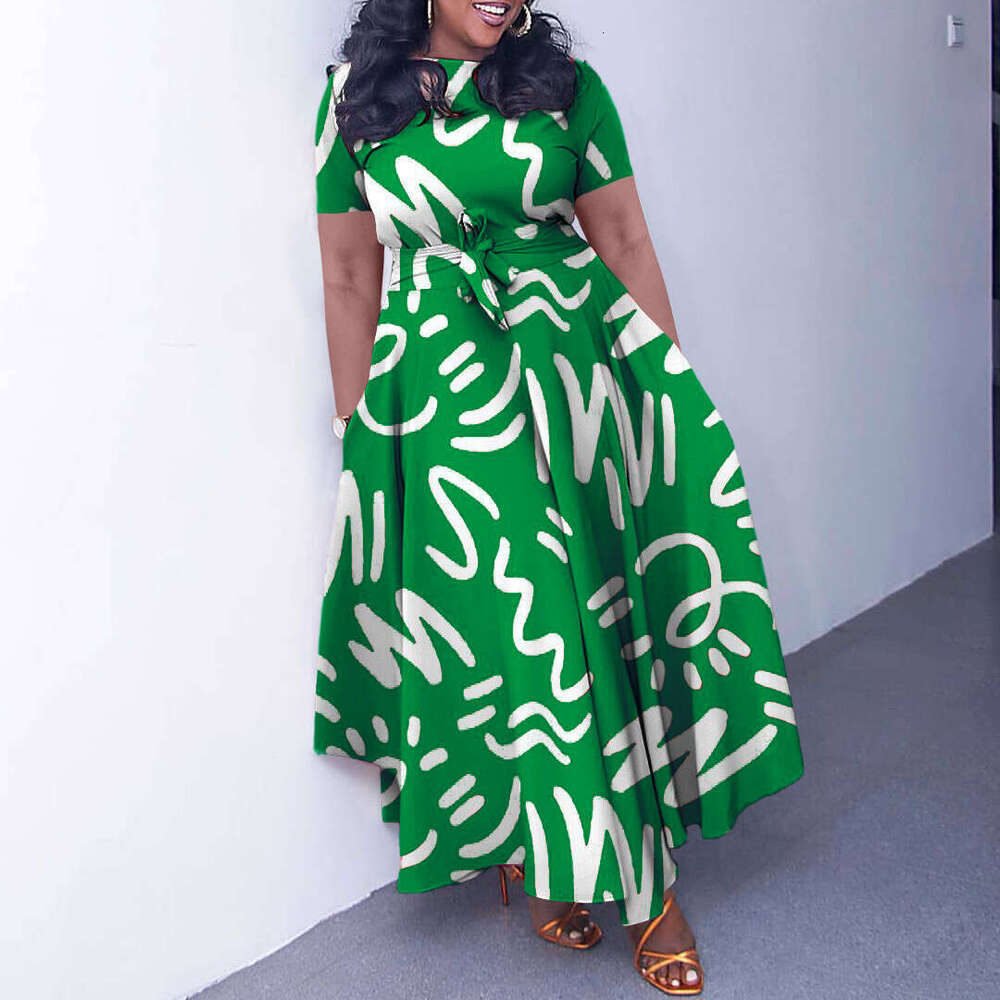 Women's Wear D3323 Women's Clothing New Fashionable Temperament Lace Up Printed Short Sleeved Big Swing Dress