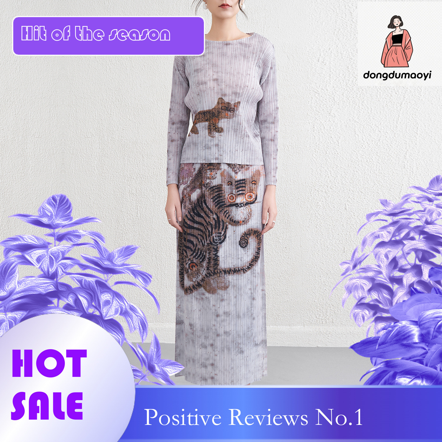 dongdumaoyi 2025 New Style Folded print slim fit and slimming round neck base shirt top printed skirt set