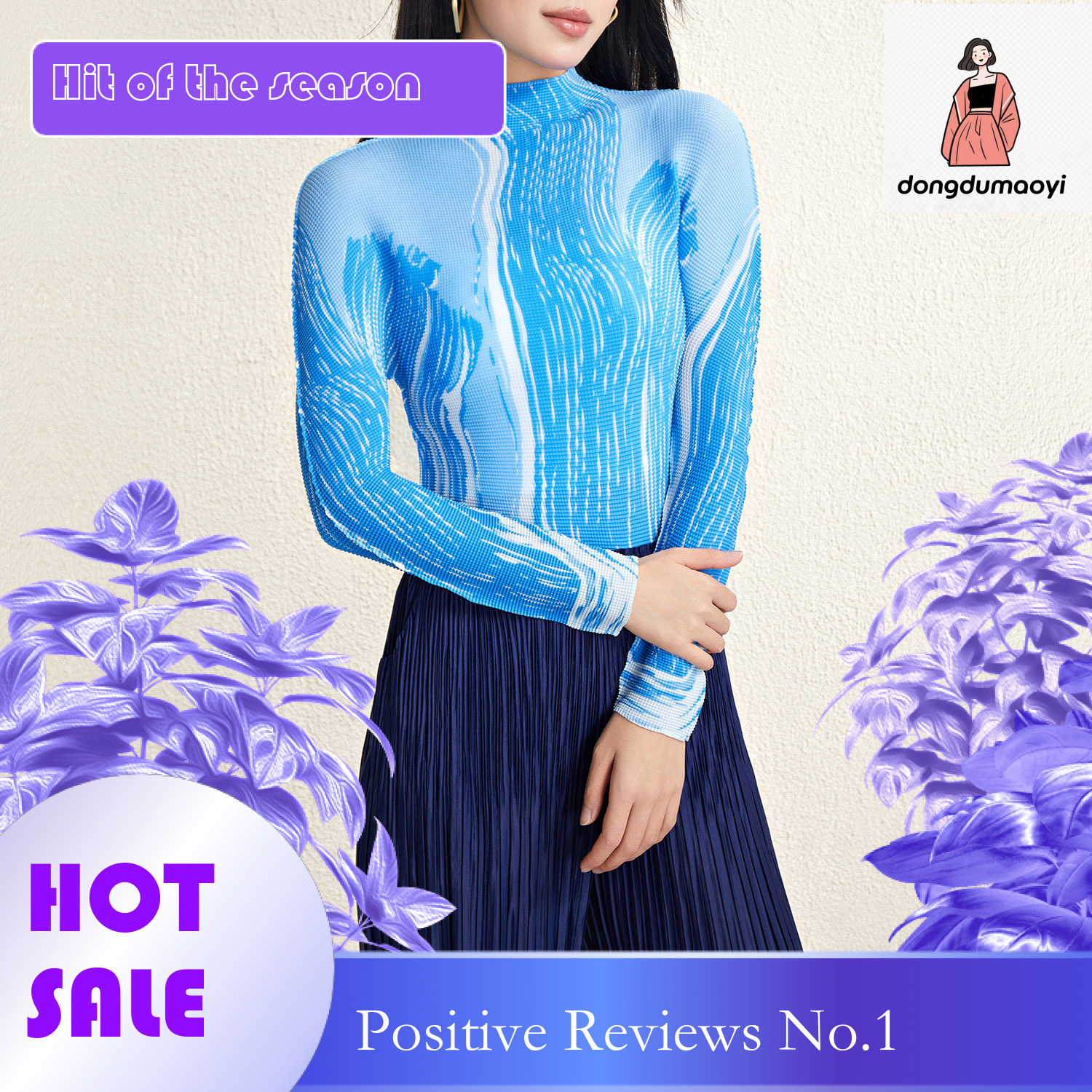 dongdumaoyi Miyake printed top for women's interior design, niche slim fit elastic corn kernels versatile pleated T-shirt