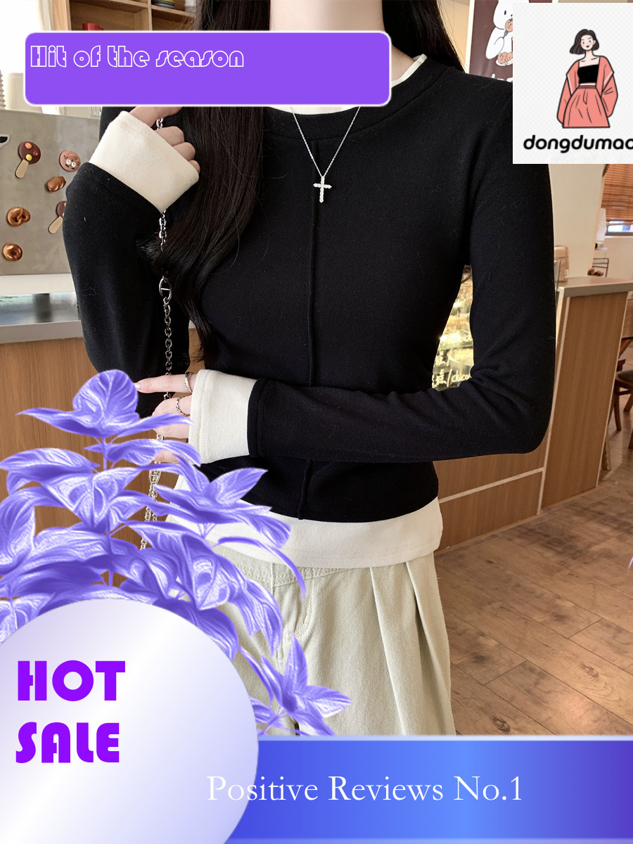 dongdumaoyi 2025 Spring American Fake Two piece Long sleeved T-shirt Bottom Shirt Women's New Style Interior Round Neck Splicing Stacked Top Ins