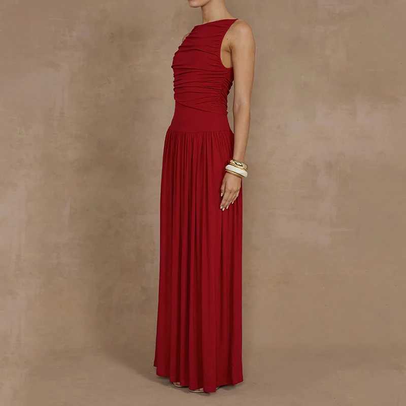 Spring and summer new pleated sleeveless solid color slim waist long dress with patchwork sexy dressXJ250514