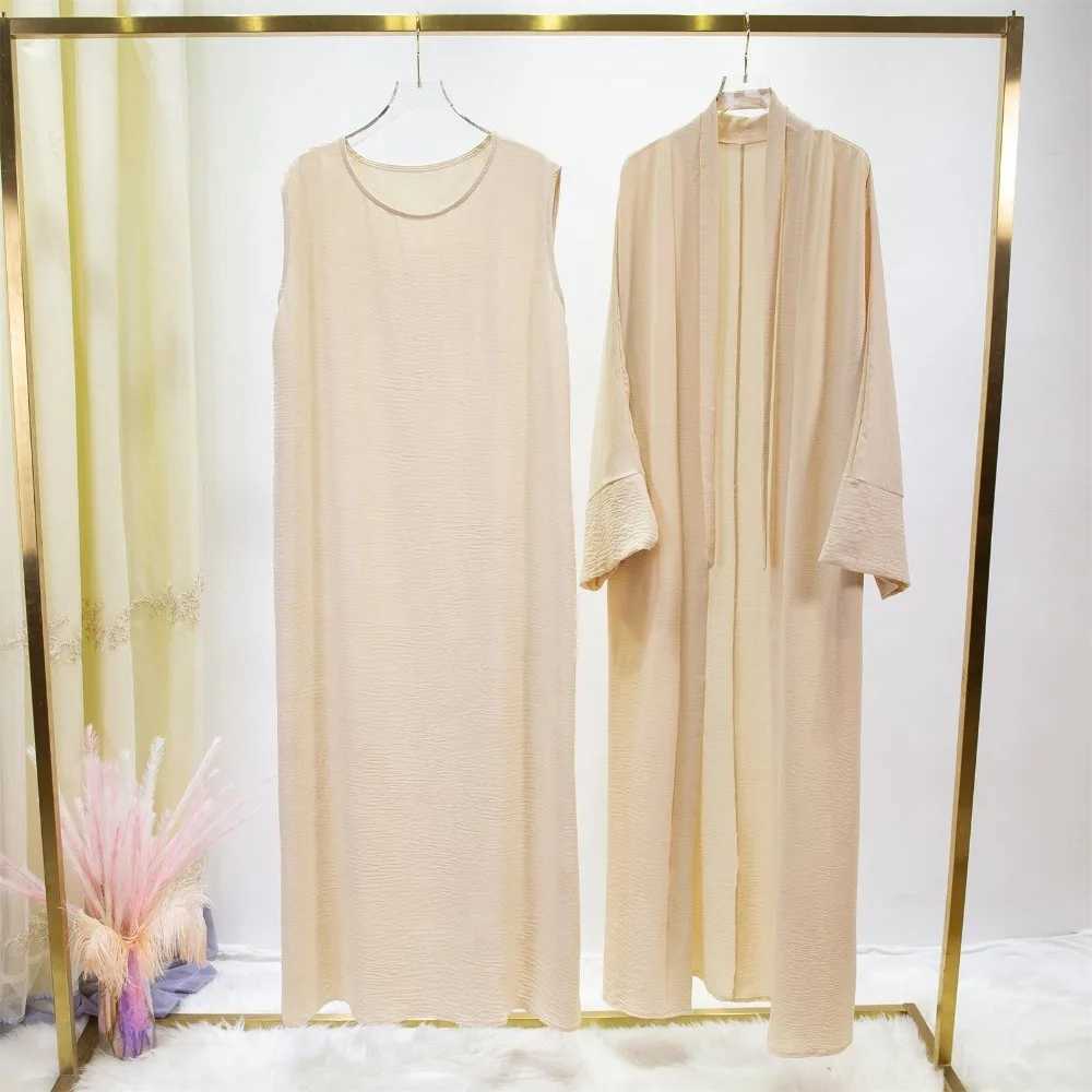 2pics Muslim Sets Muslim Jilbab Two Pieces Women Out Abaya Loose Cardigan Coat Slveless Inner Dress Prayer Clothing with Belt X250514