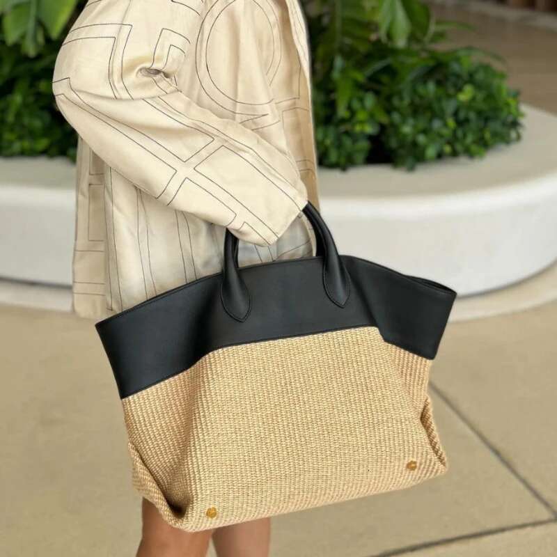 Genuine Leather Straw Ing Contrast Color Large Capacity Handbag Brand Tote Commuter Wing-Shaped Storage Bag