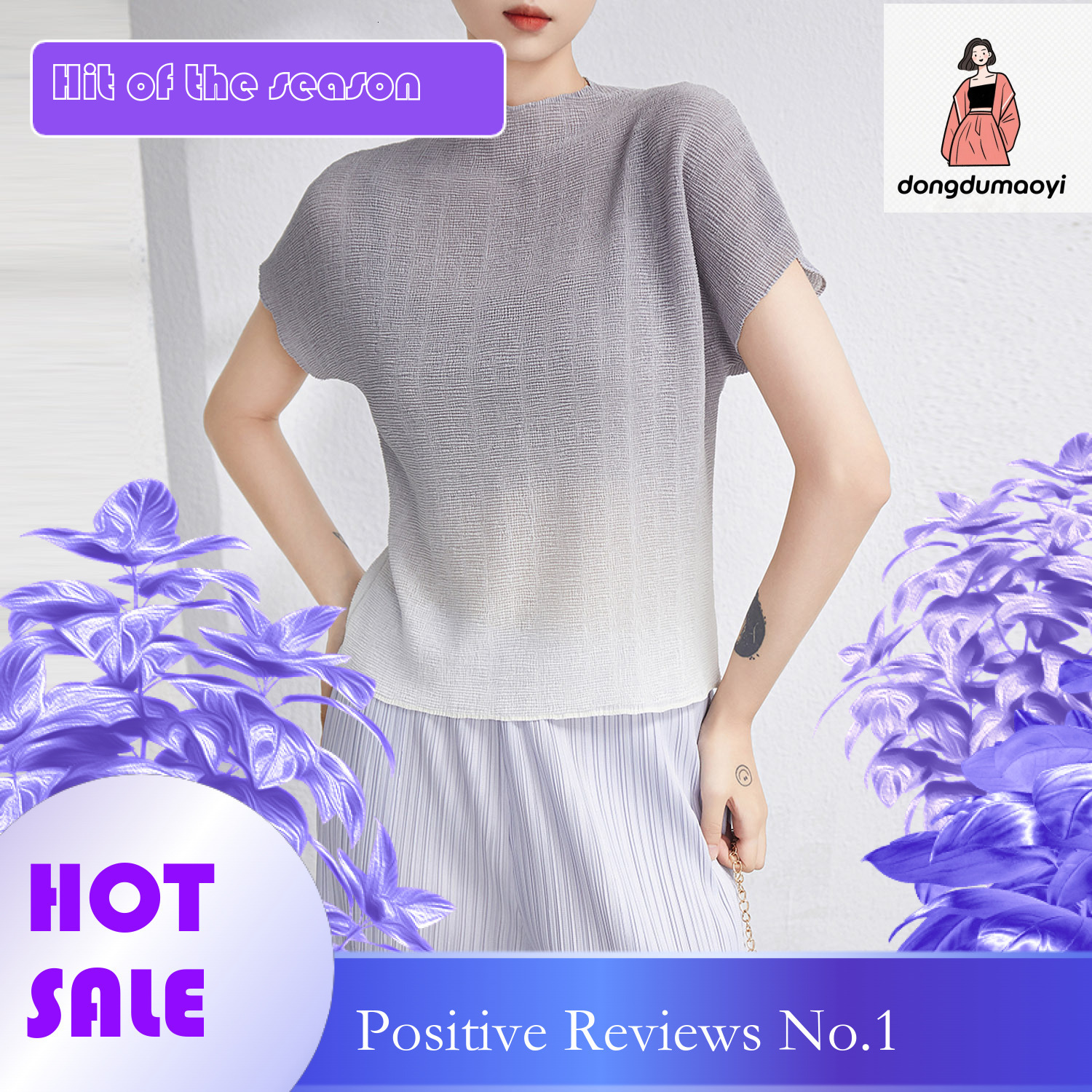 dongdumaoyi Large size loose chiffon top for women 2024 summer three house style pleated gradient color semi high neck short sleeved T-shirt