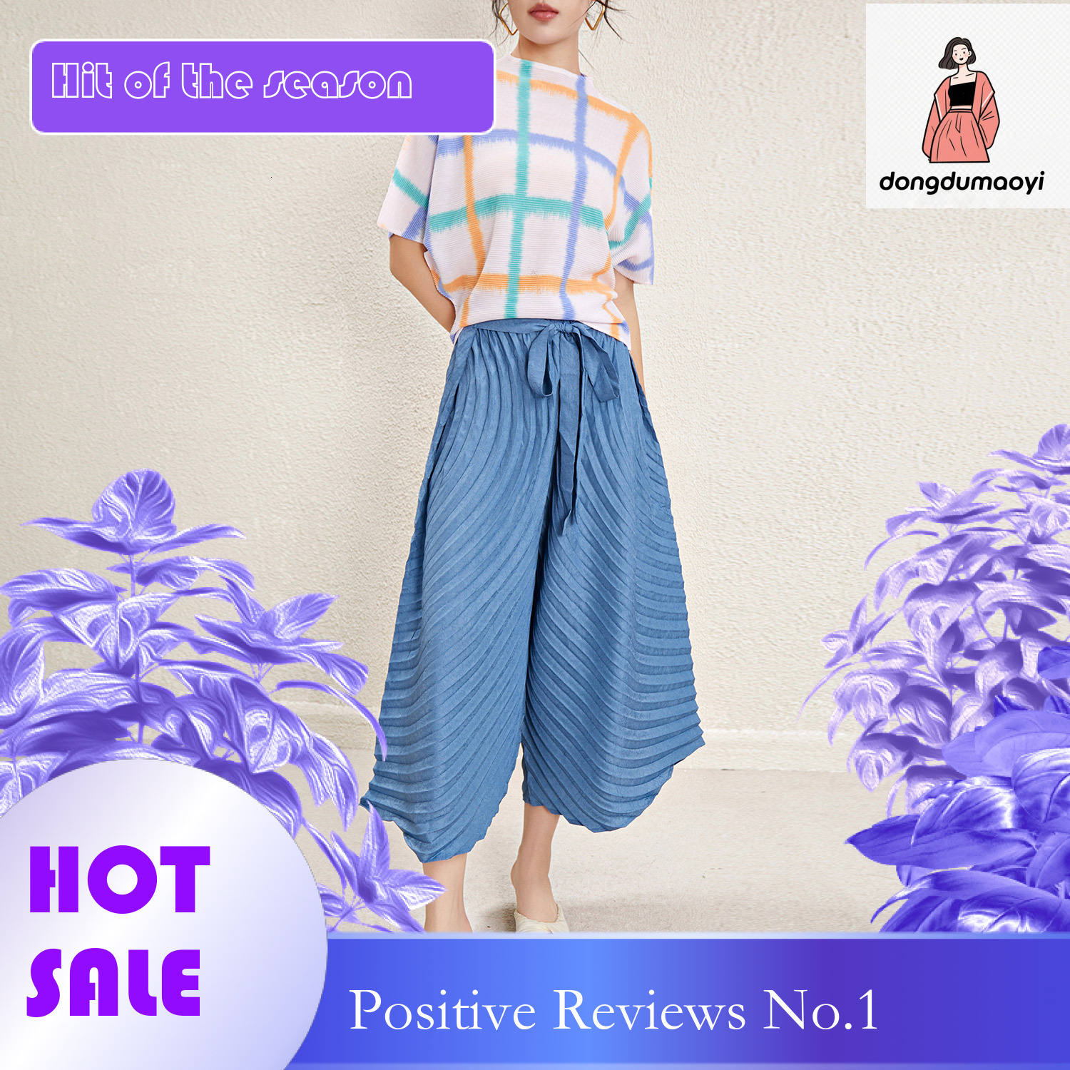 dongdumaoyi Miyake printed T-shirt for women in spring summer 2024, high-end design sense, loose and slimming, versatile short sleeved pleated top