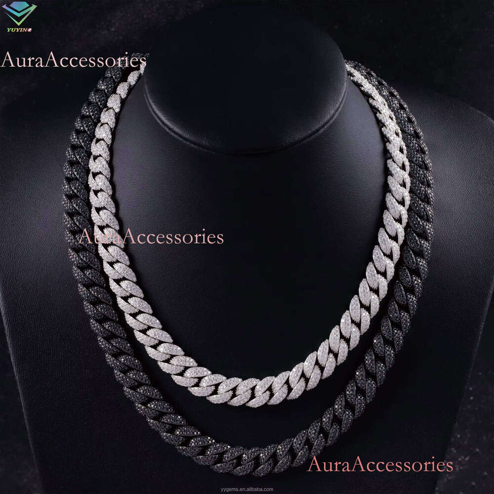 VVS Dia 2rows Iced Out 13mm S Sier GRA Black Moissanite Necklace Mans Hiphop Cuban Link Chain for Fashion Jewelry