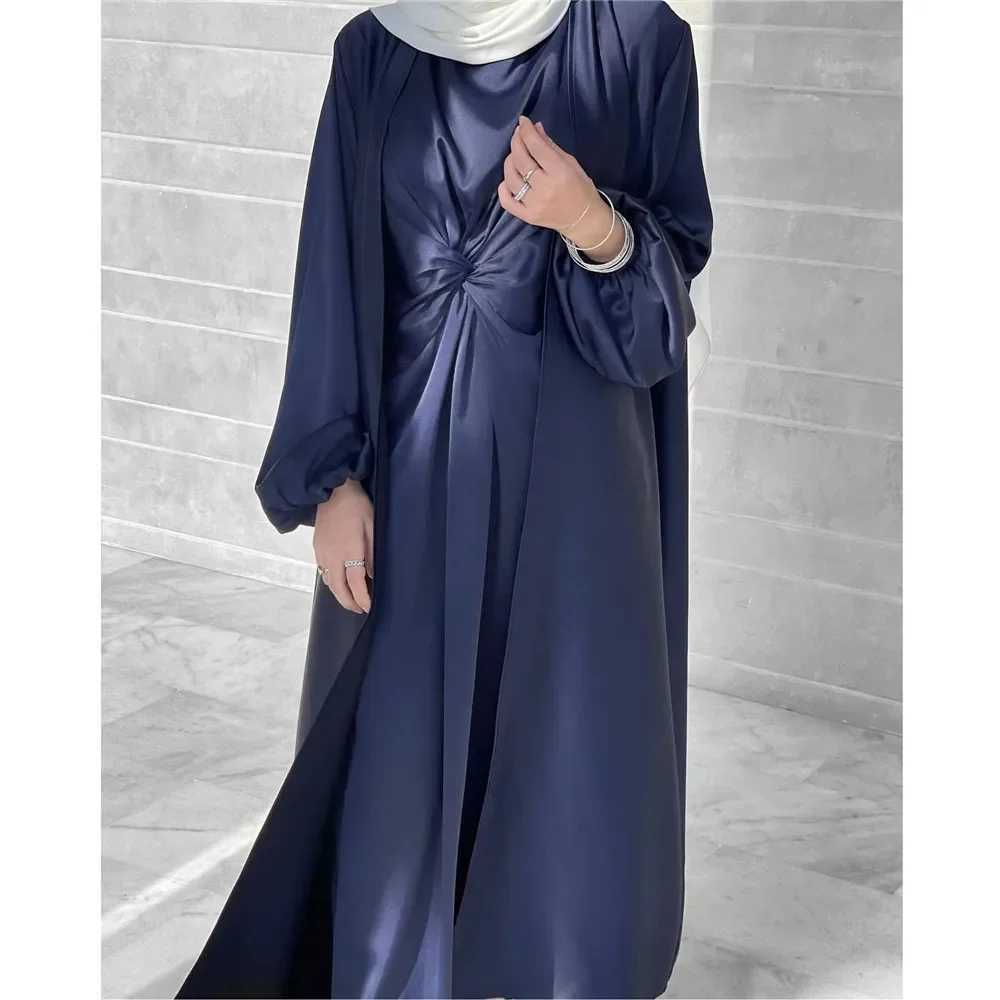 Muslim Hijab Dress Eid Satin Abayas 3 Piece Matching Sets Women Open Turkey Arab Robe Kaftan Kimono Femme Jalabiya Vestidos Gown X250514