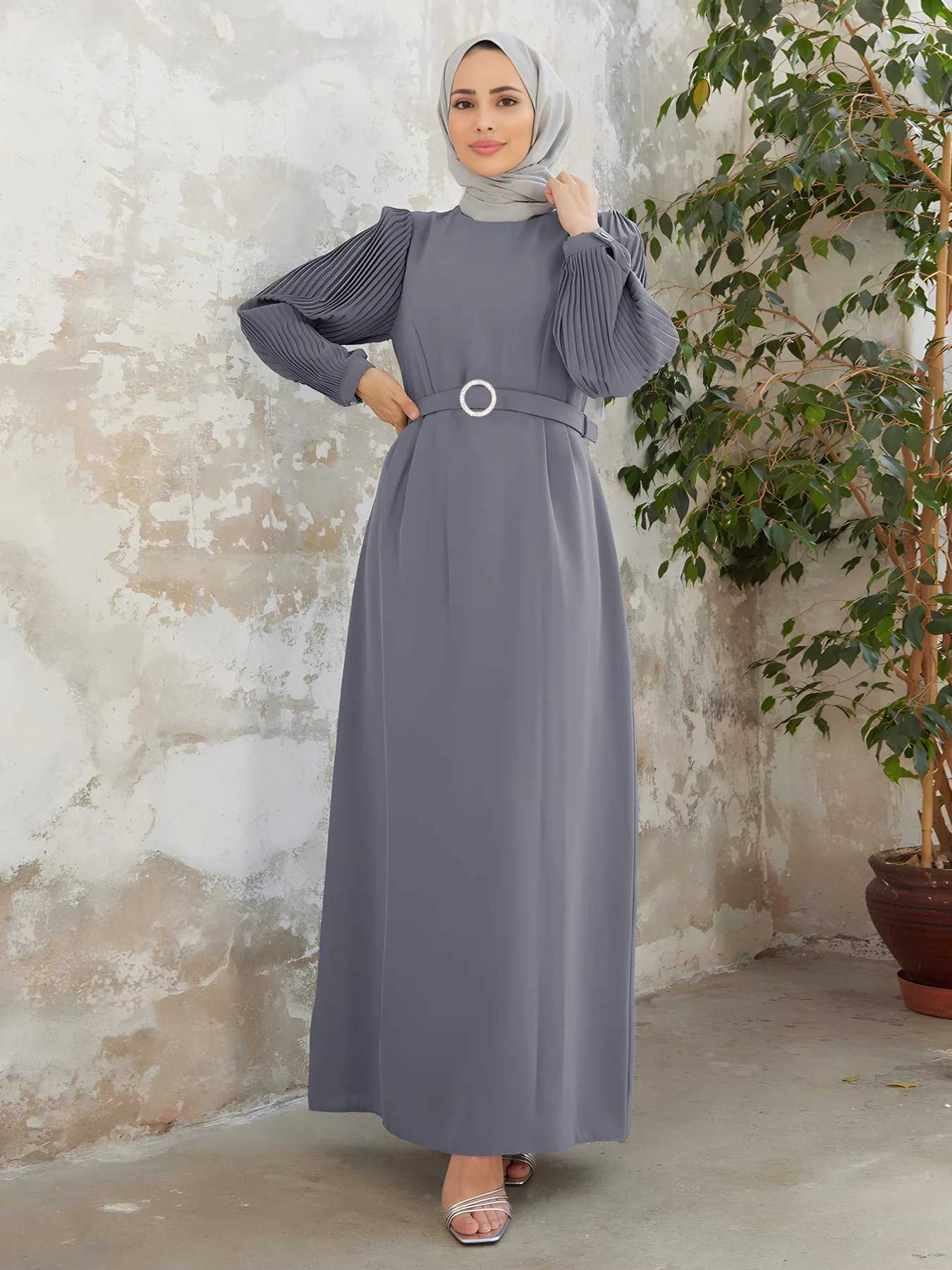Elegant Muslim Women Pleated Abaya Long Maxi Dresses Turkey Dubai Kaftan Eid Party Gown Islamic Arabic Robe Belt Caftan Jalabiya X250514