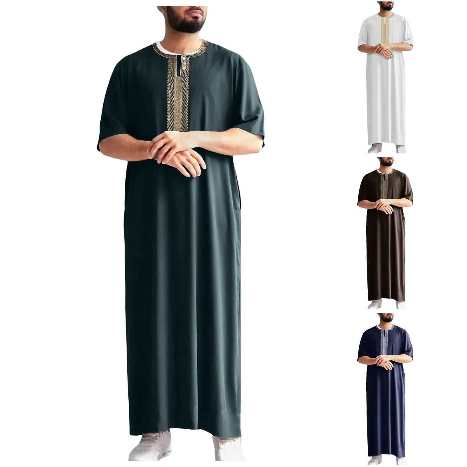 MenS Middle Eastern Retro Muslim Robe Fashion Mid Sleeve Embroidered Ethnic Moroccan Shirt MenS Robe Shirt With Side Pocket X250514