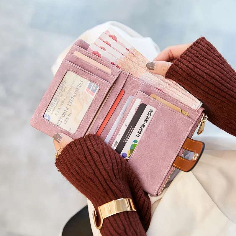 Women's PU Leather Short Wallet - Fashion Double Fold Design, Large Capacity Credit Card Holder with Color Contrast