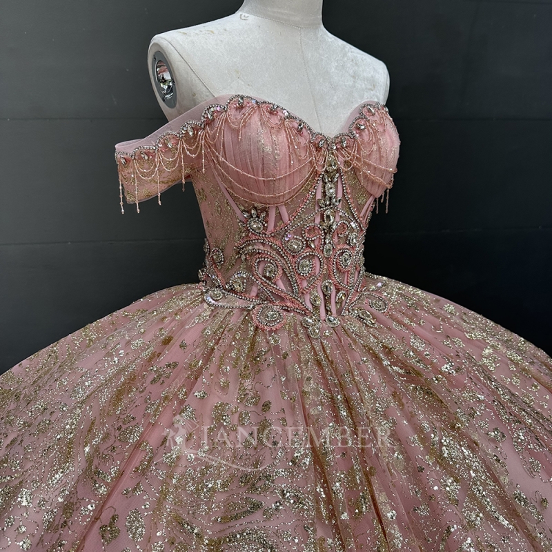 Pink Quinceanera Dresses Off Shoulder Ball Gown Sweet 16 Dress Sequin Gold Applique Lace Beading Tull Birthday Party Vestidos 15 De Anos