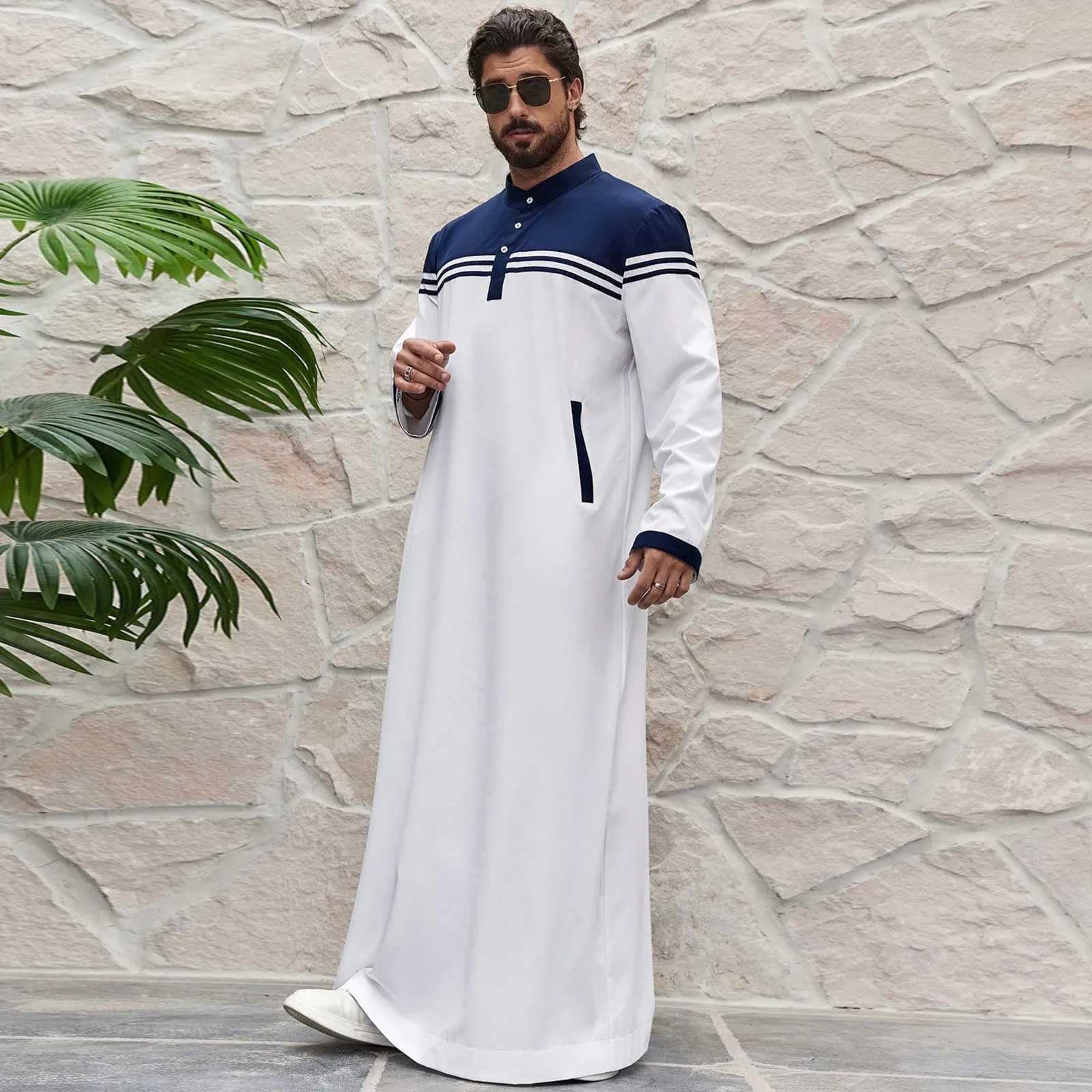 2025 Muslim Robe Comfortable Men Caftan Long Sleeve Contrast Color Muslim Clothing Mandarin Neck Muslim Robe for Middle East X250514