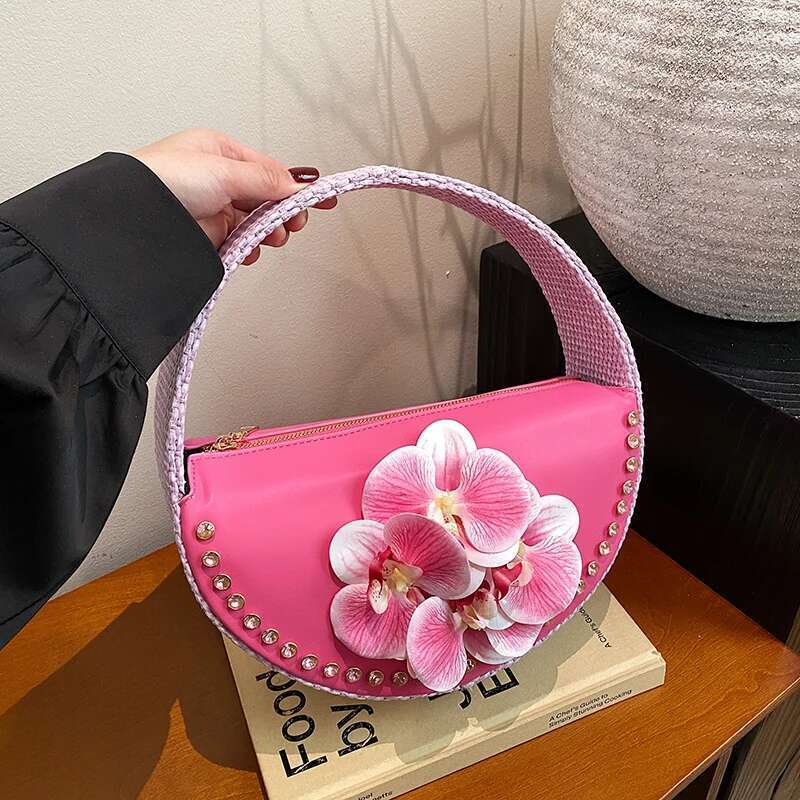 Evening Clutch Designer Floral Handbag Pink Wedding Party Purse Fashion Ladies Brand Semicircle Saddle Bag